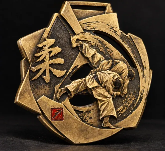 Medalha pronta com banho ouro velho e relevo de judocas sobre fundo escuro
