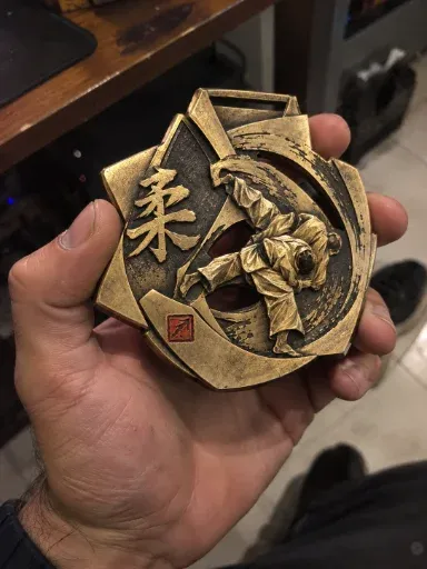 Medalha Anel na mão: peça dourada em relevo com judocas
