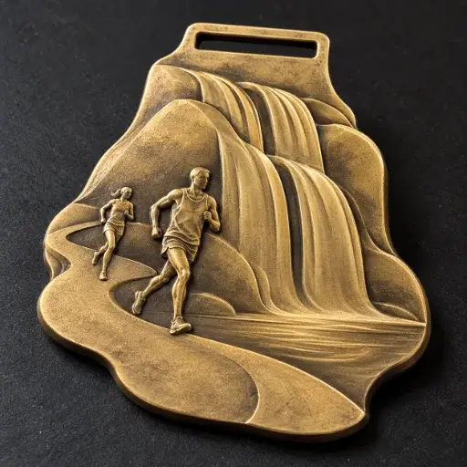 Medalha Anel personalizada para corrida: dois corredores em relevo numa trilha ao lado de uma cachoeira, em metal dourado envelhecido