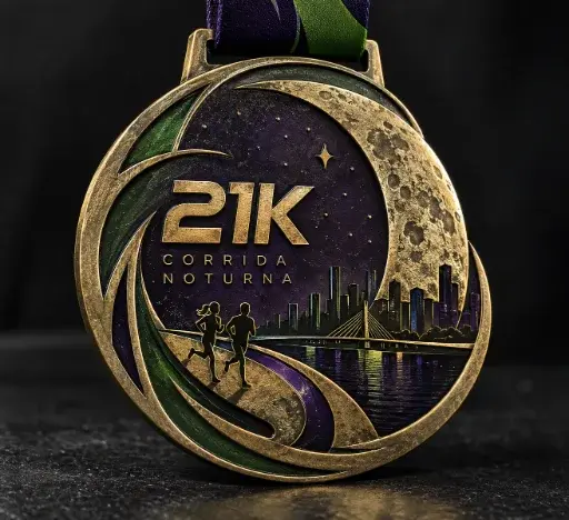 Placa Cabana: peça comemorativa personalizada da 21K Corrida Noturna, com lua, prédios e ponte em esmalte roxo e verde e corredores em relevo