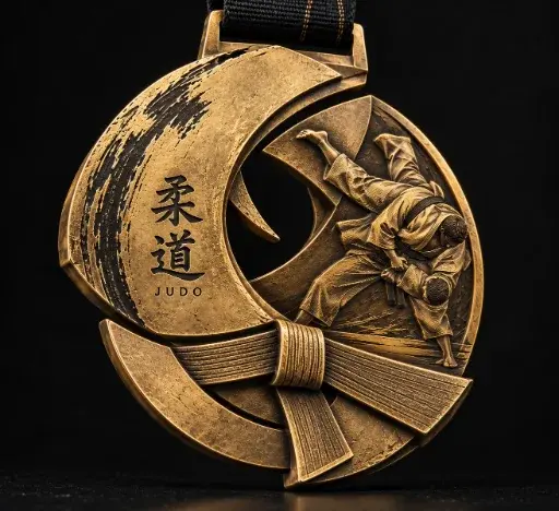 Troféu Tora personalizado: peça de judô em metal dourado envelhecido, com ideogramas 柔道, judocas em relevo e faixa amarrada
